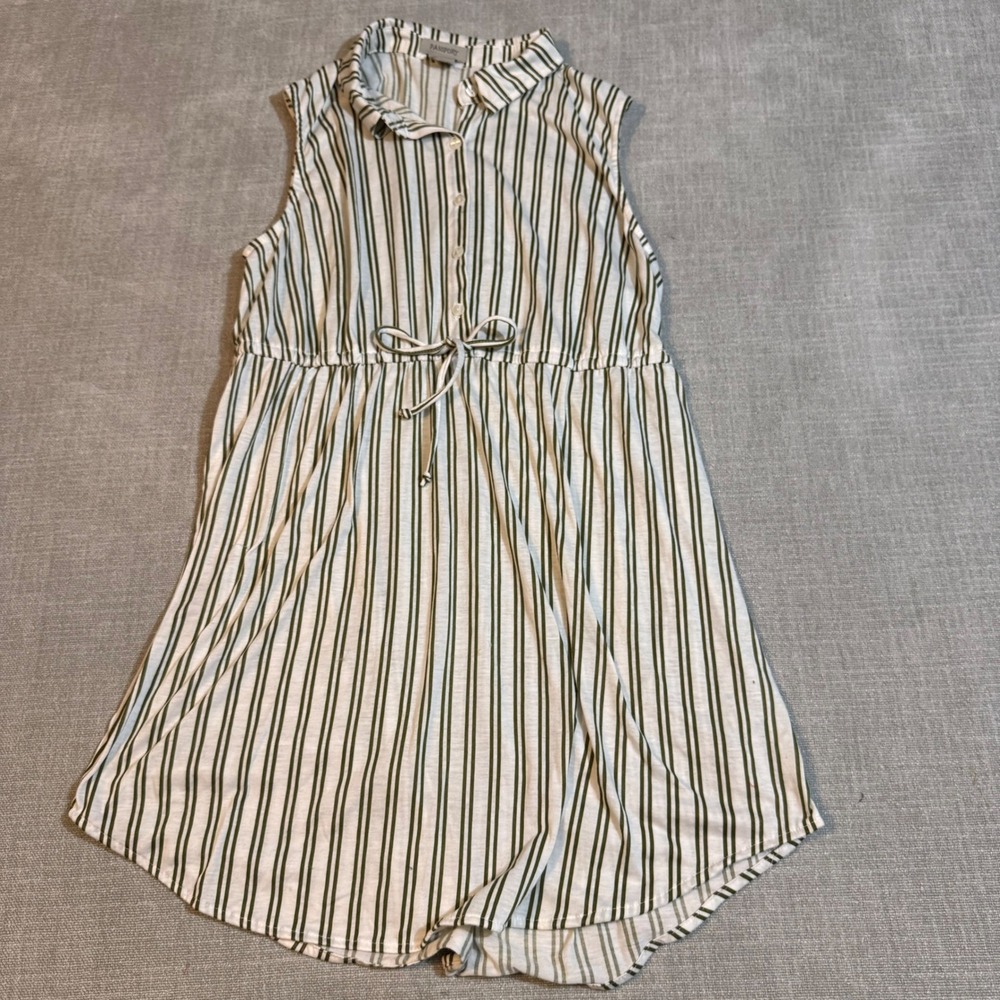 Passport Sleeveless Striped Shirt Dress XL Green White Button Front Drawstring